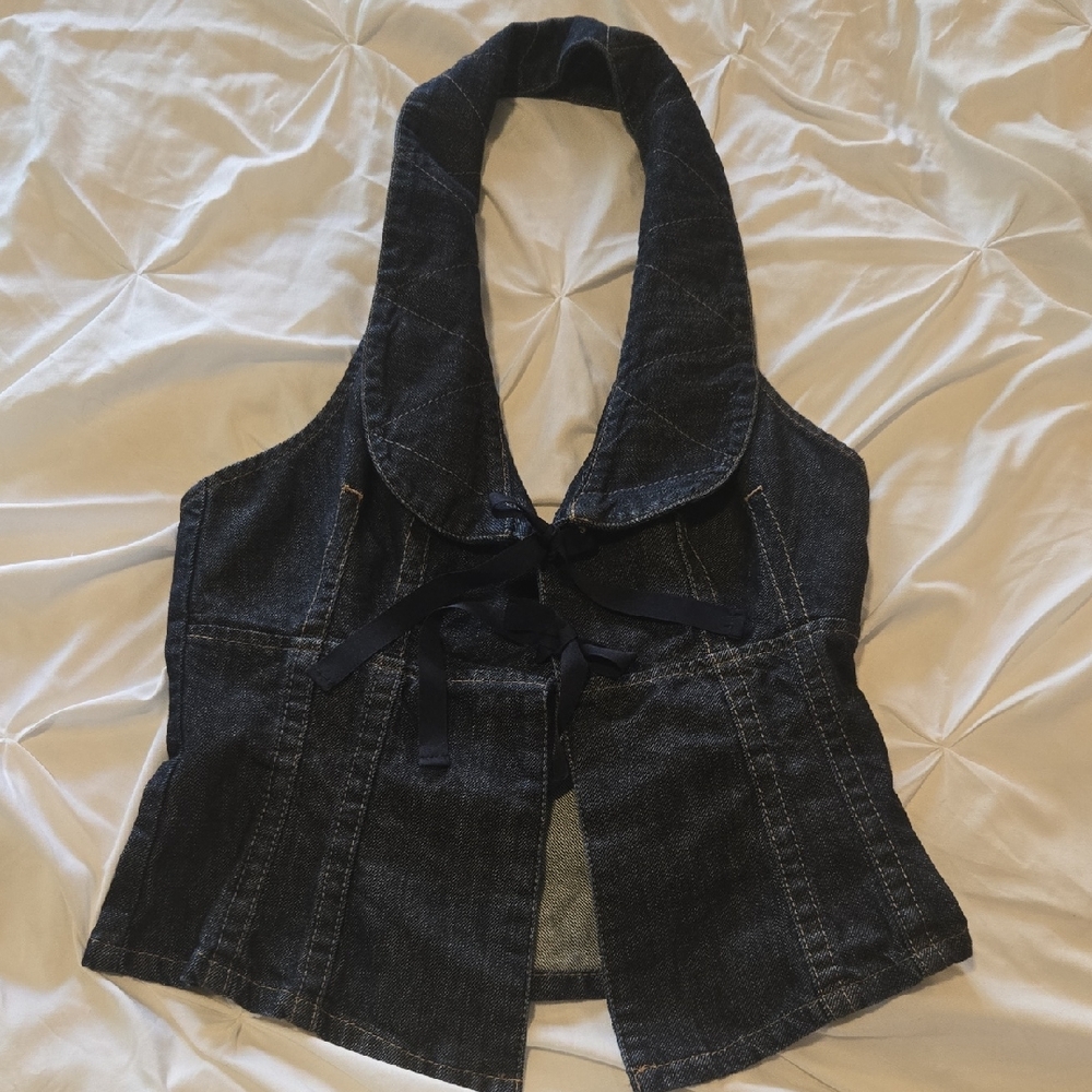 Dark Denim Halter Vest with Tie Front - Women